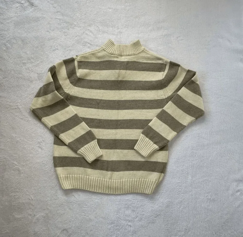 Chaps 100% Cotton 1/4 Zip Pullover Sweater Tan/Beige Stripe Size L Fair Isle
